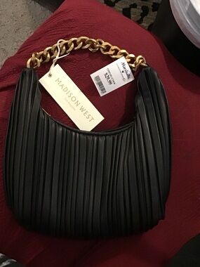 Madison West Black Pleated Shoulder Bag with Gold Chain Handle